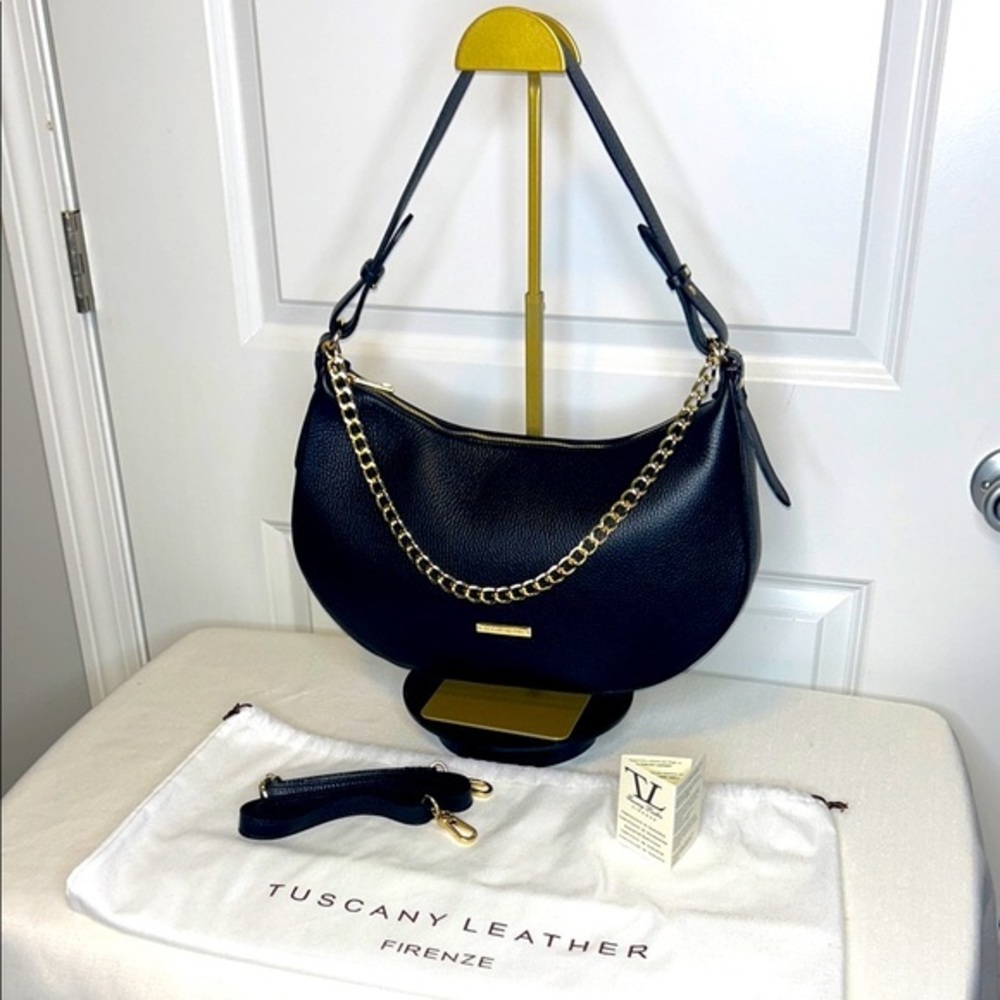 Tuscany Leather Handmade in Italy, Black and Gold Satchel with Dust Bag & COA
